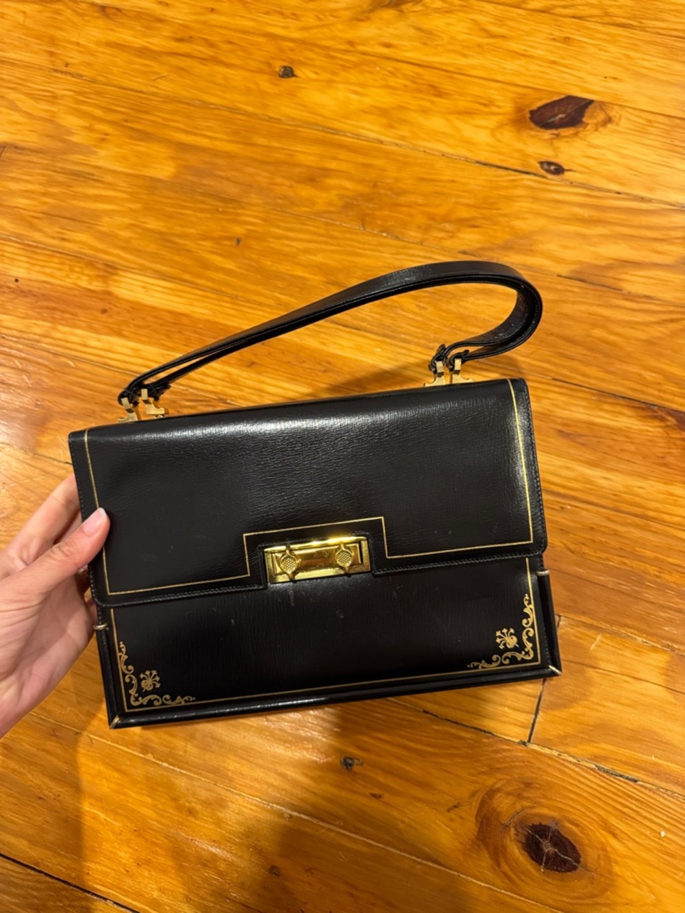 Vintage Italian Classic Black Leather Top-Handle Bag with Gold Hardware